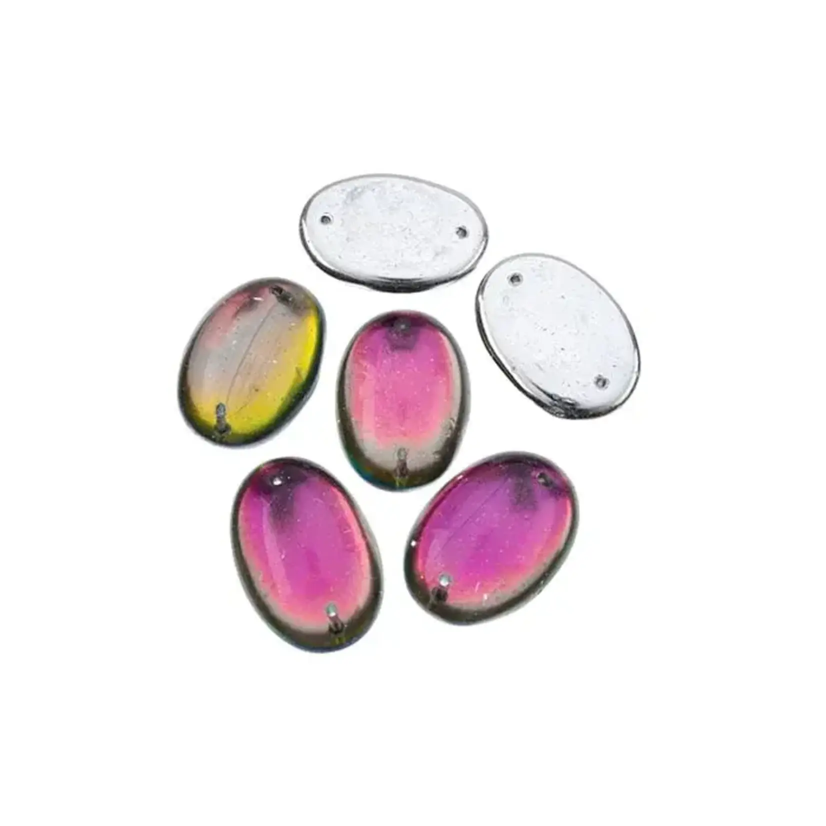 Czech Glass 2 Hole Cabochon 25x18mm Oval Transparent Vitrail Foiling 6pcs