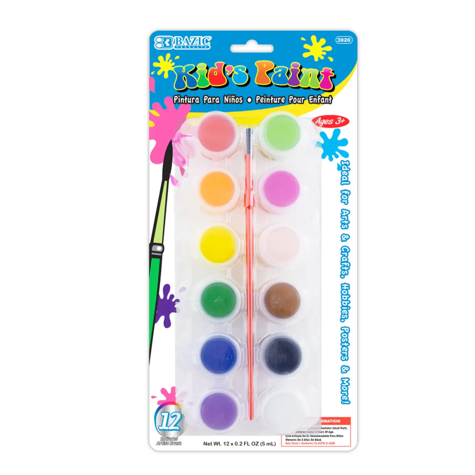 Bazic 0.17 FL OZ (5ml) 12 Color Kid's Paint w/ brush