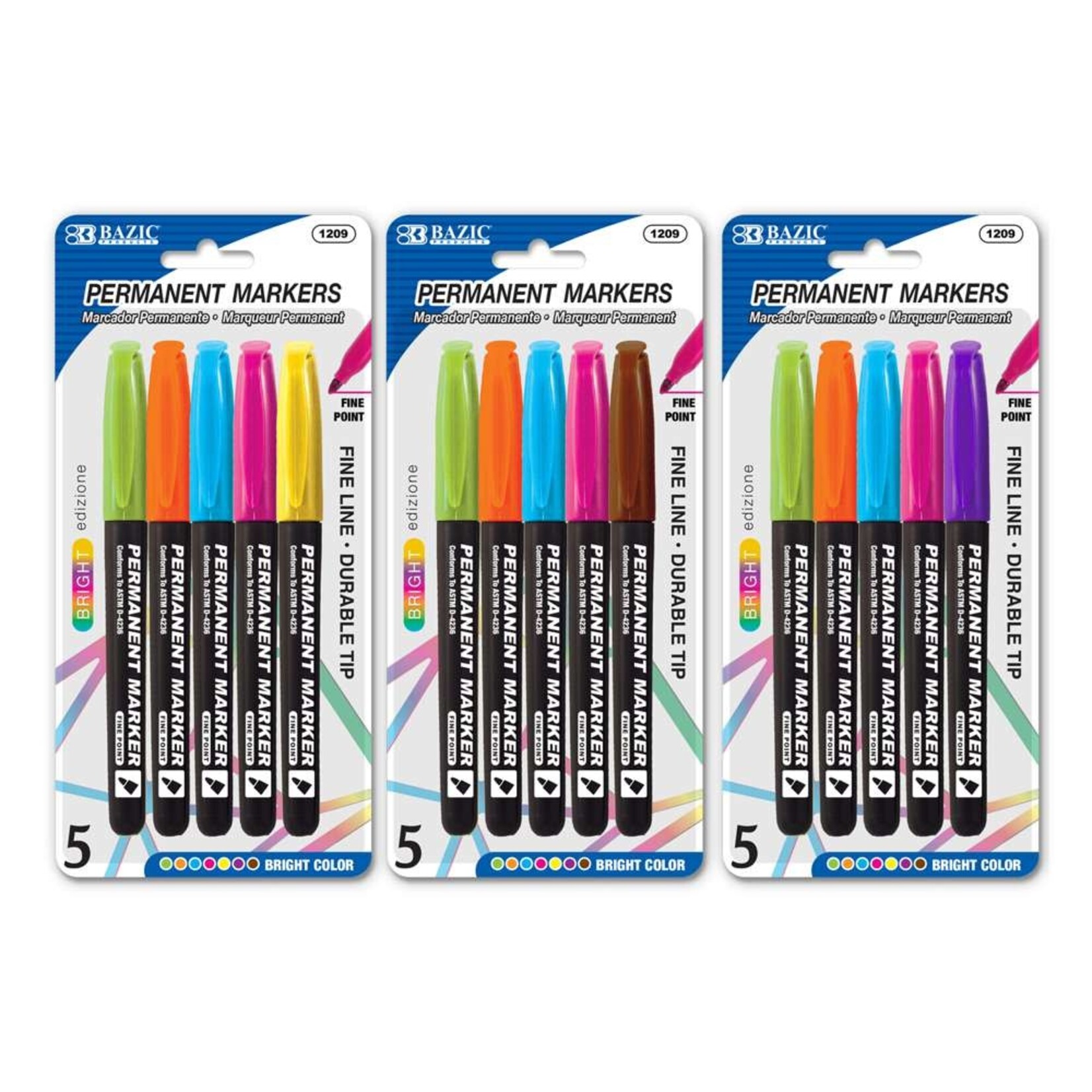 Bazic Bright Color Fine Tip Permanent Markers W/Pocket Clip 5/pk