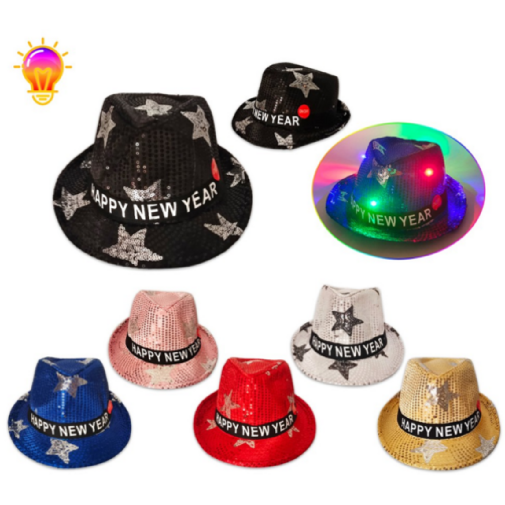 Sequin Light Up Happy New Year Fedora Stars