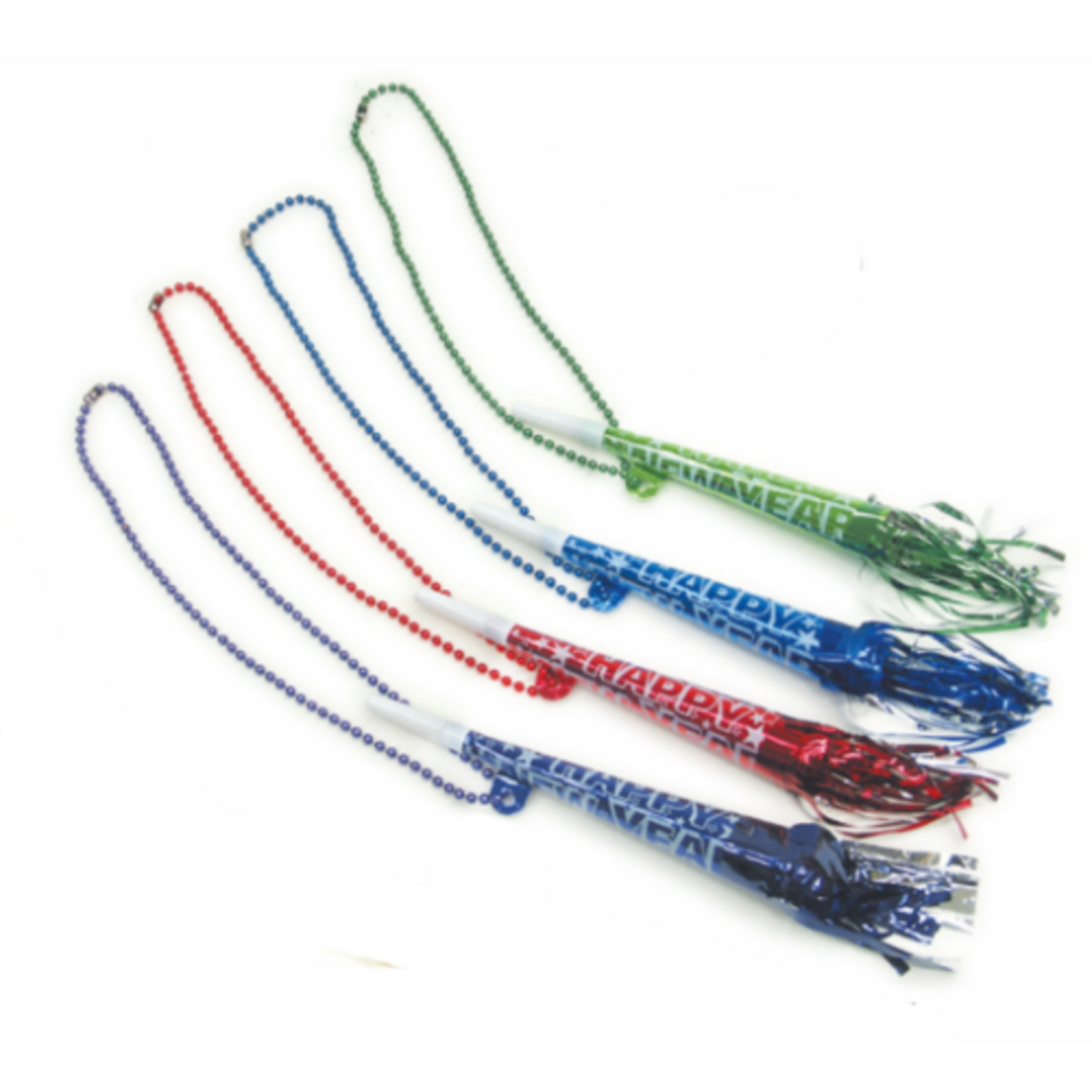 Asst Color Beads With 13" Fringed Happy New Years Horn