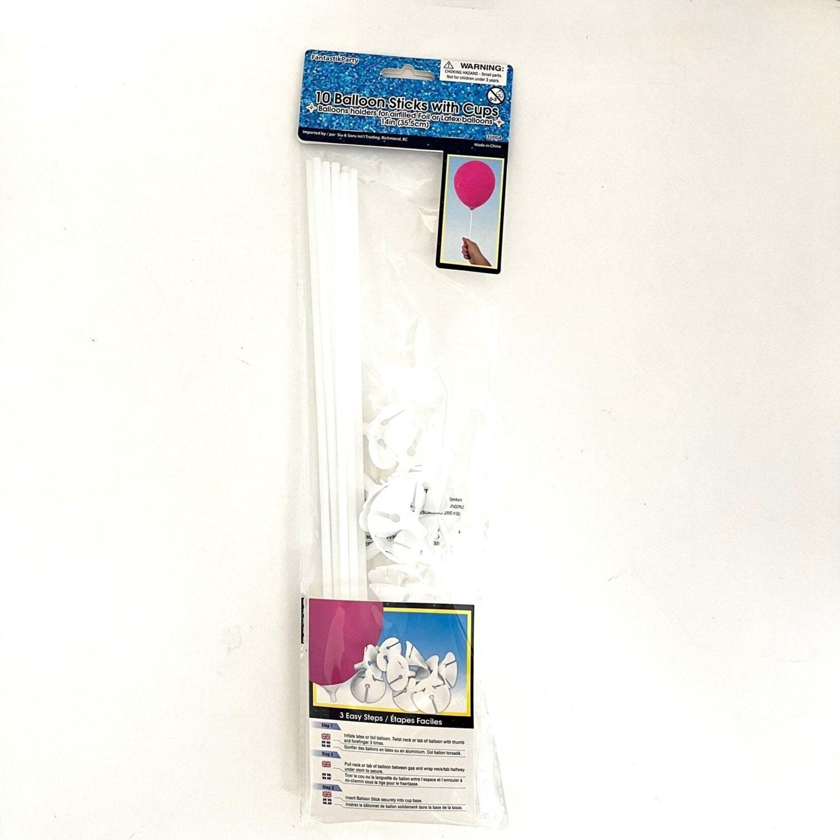 10CT 14" BALLOON STICKS WITH CUPS, WHITE ONLY