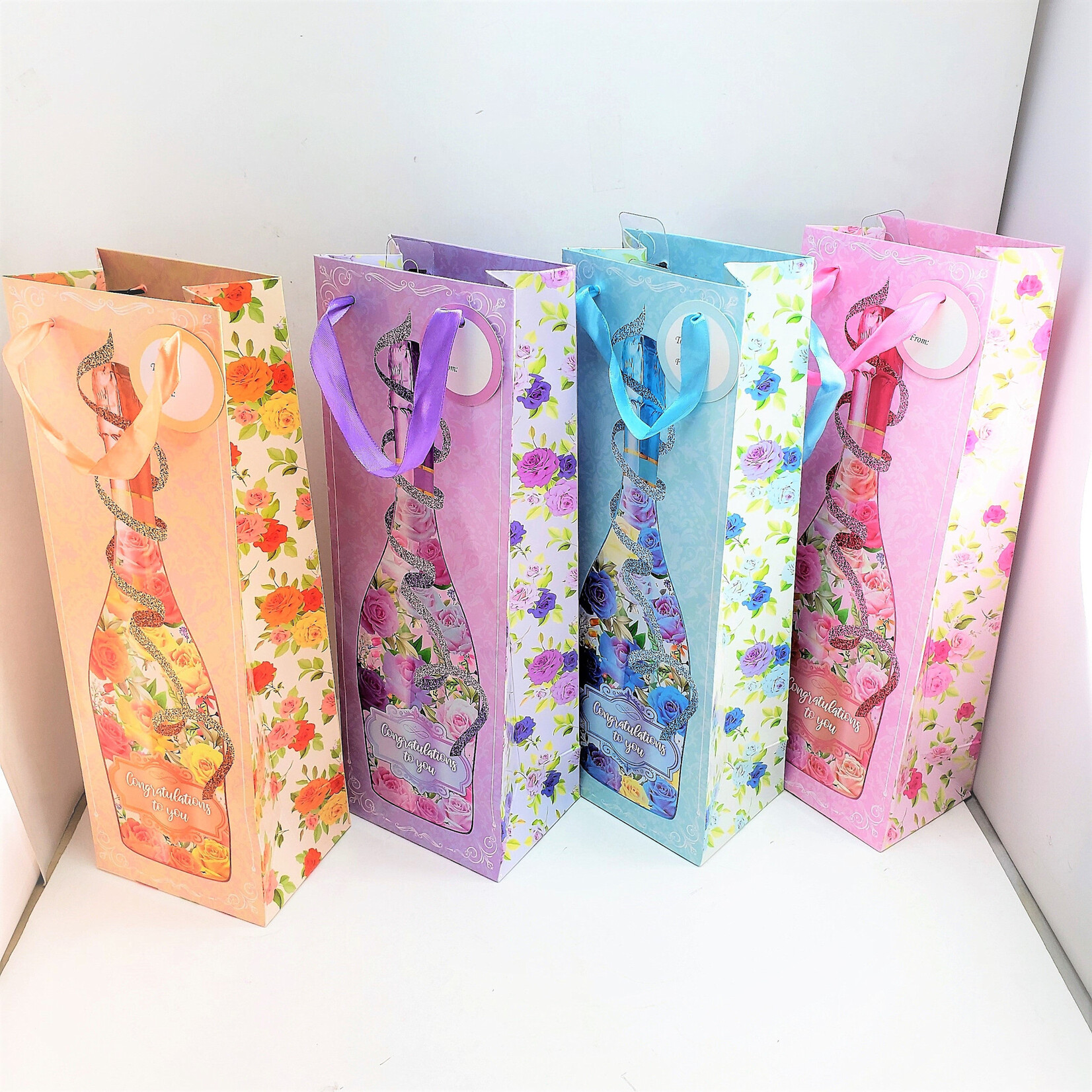 Printed Wine Bags, Glossy Assorted Colours 2.8X13 Inches X 4 Inches