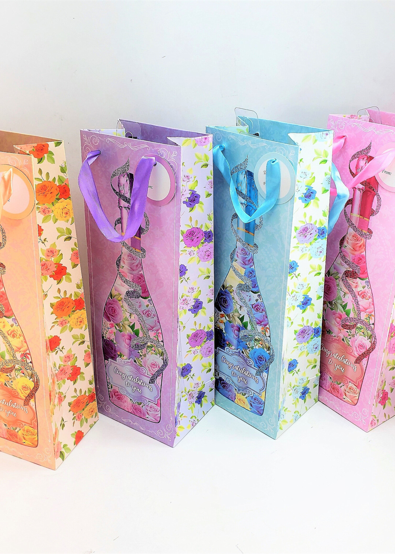 Printed Wine Bags, Glossy Assorted Colours 2.8X13 Inches X 4 Inches