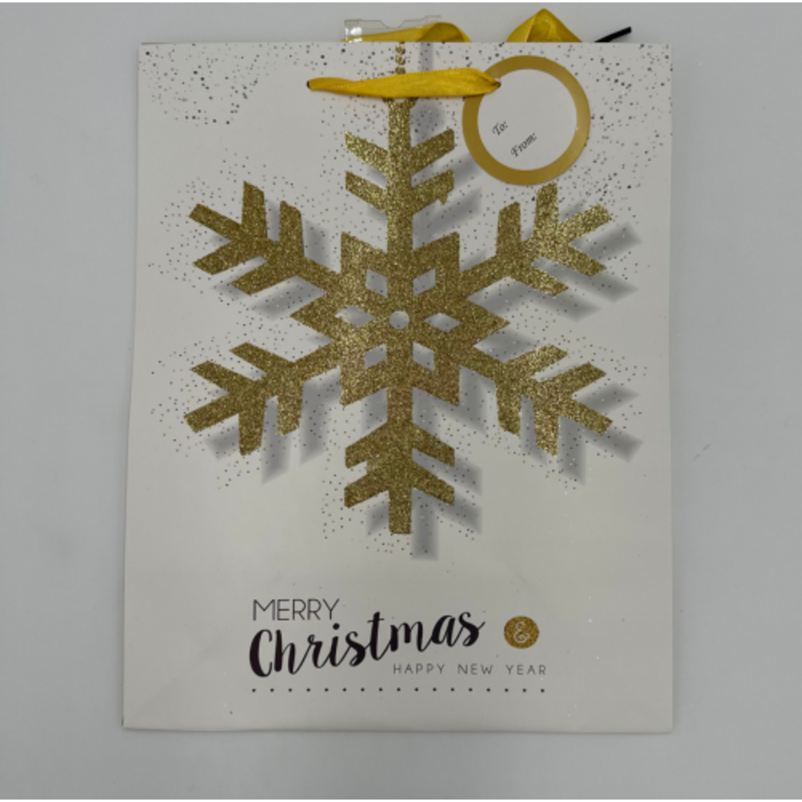 CHRISTMAS LGE GLITTERED BAG GOLD SNOWFLAKE