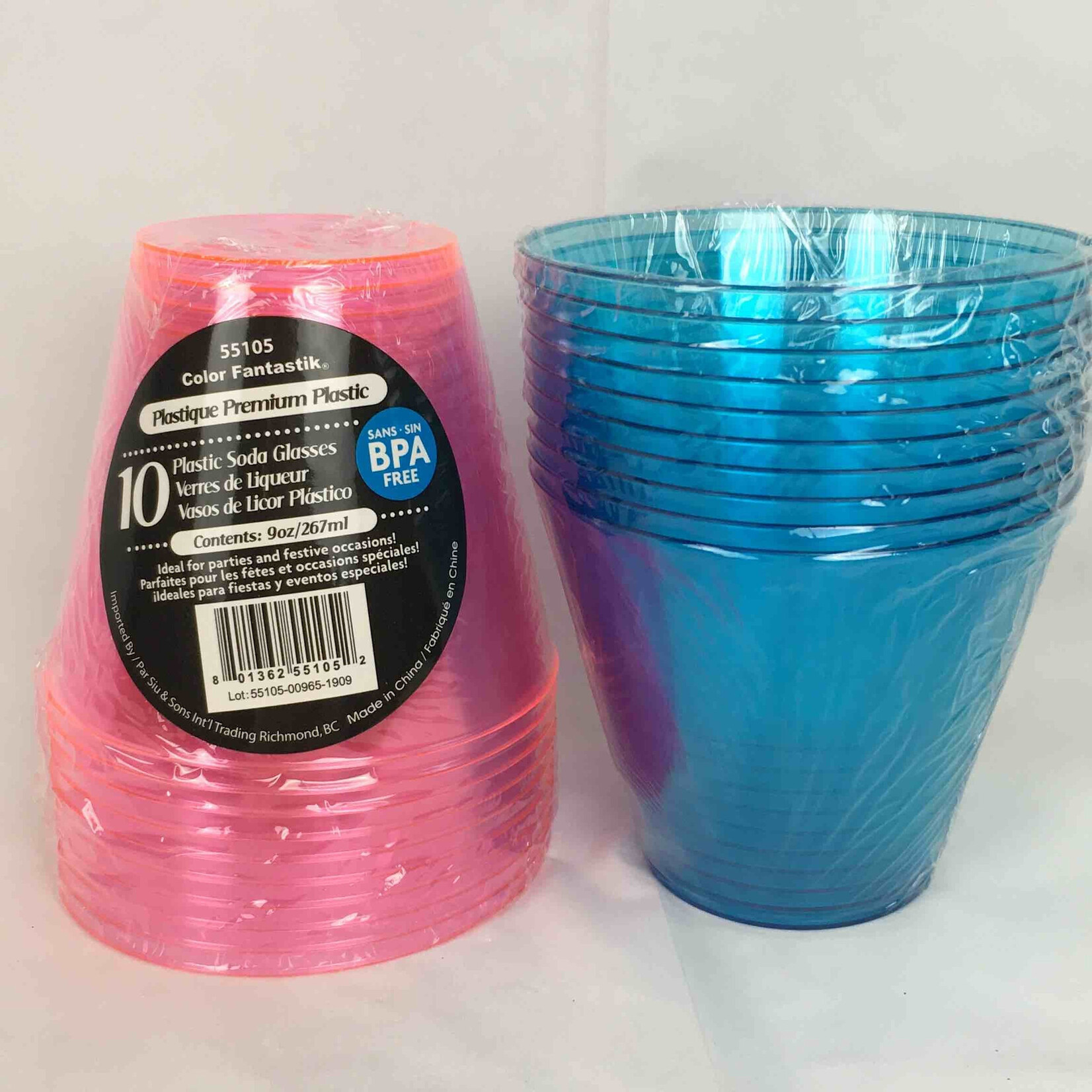 10CT 9OZ PLASTIC SODA GLASS, BLUE/PINK ASST