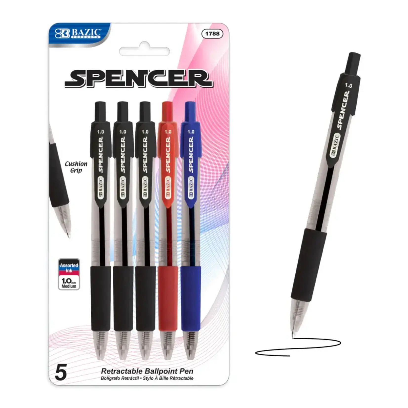 Bazic Spencer Assorted Rectactable Pen w/cushion grip
