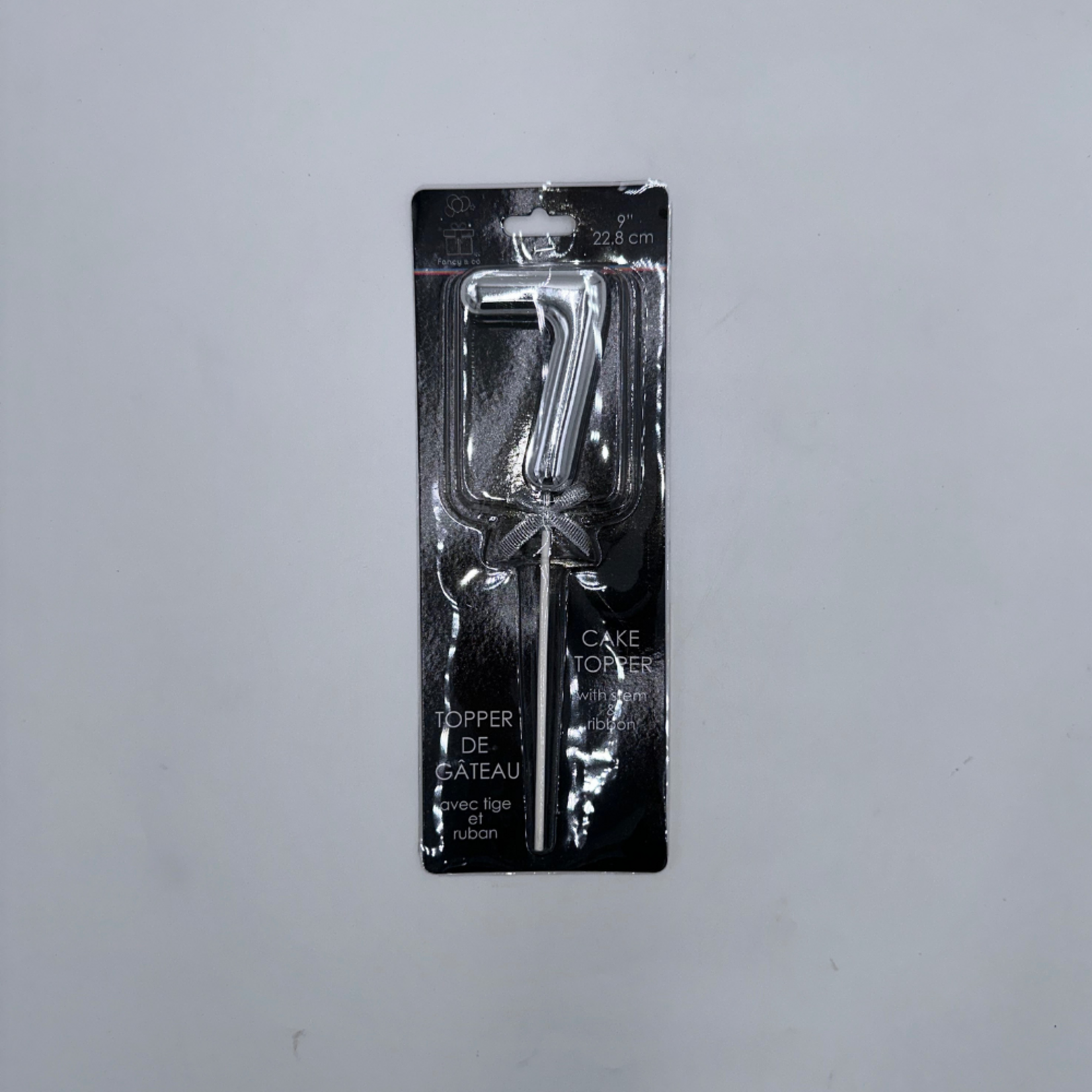 "9"" Silver Cake Topper with stem & ribbon #7 "