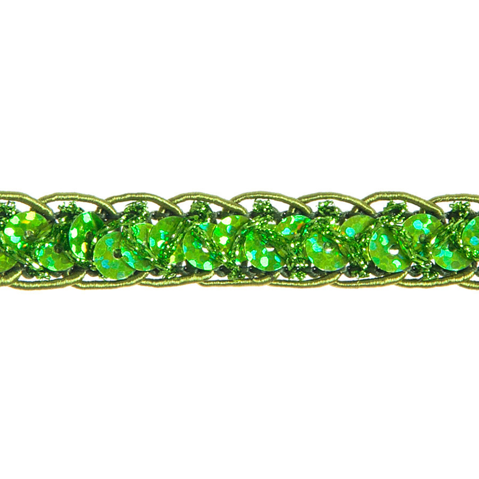 Sequin 6mm Round Trim Lime Green Hologram (15mm Wide) apx 20yd