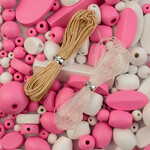 Craft Beads Wood Beads w/Elastic/Nylon cord 90g Pink and White