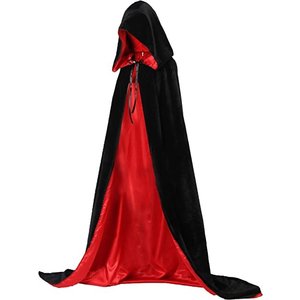 UNDERWRAPS LONG BLACK VELVET HOODED CAPE RED LINING