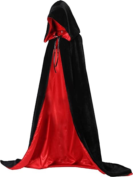 Hooded crush velvet Black and redロングマント UNDERWRAPS LONG BLACK VELVET HOODED CAPE RED LINING - Party Out