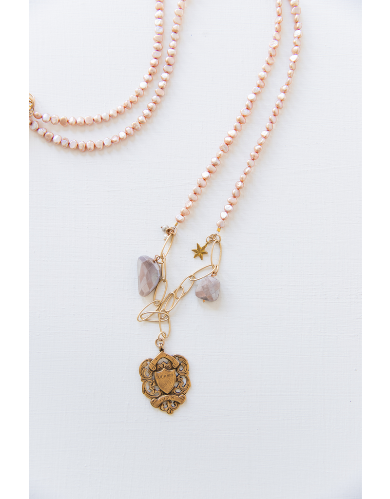 B22 Long Ethnic Necklace - Blush Pearl/Ivory Pearl/Shield