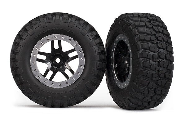TRA5883 TIRES & WHEELS, ASSEMBLED, GLUED (SCT SPLIT-SPOKE, BLACK, SATIN CHROME BEADLOCK WHEELS, BFGOODRICH® MUD-TERRAIN™ T/A® KM2 TIRE, FOAM INSERTS)