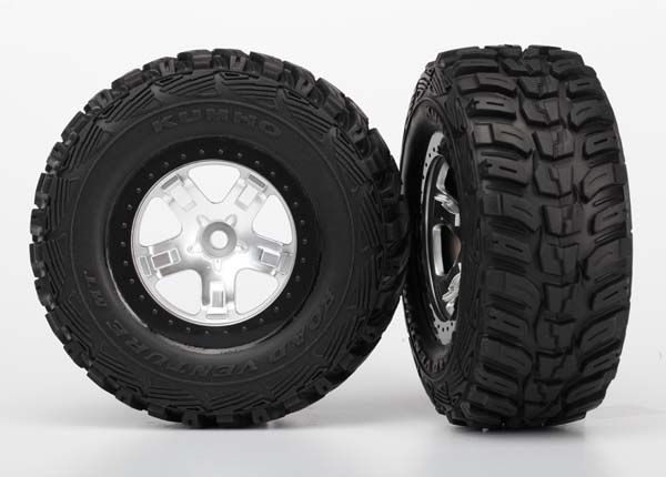 TRA5880 TIRES & WHEELS, ASSEMBLED, GLUED (SCT SATIN CHROME, BLACK BEADLOCK STYLE WHEELS, KUMHO TIRES, FOAM INSERTS) (2) (4WD FRONT/REAR, 2WD REAR