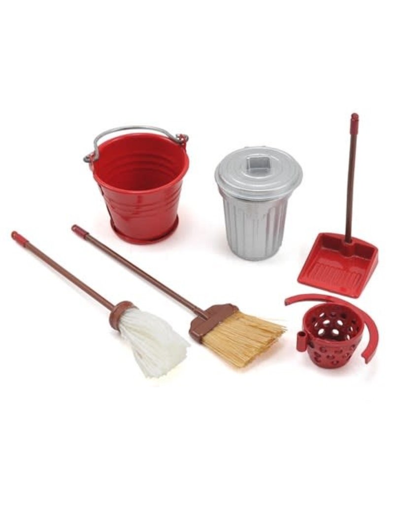 YEAH RACING YEAYA0366 SCALE GARAGE SET WITH BROOM, DUSTPAN, MOP, BUCKET & GARAGE CAN