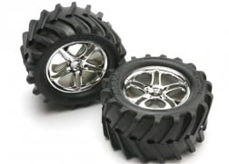 TRA5173 TIRES & WHEELS, ASSEMBLED, GLUED (SS (SPLIT SPOKE) CHROME WHEELS, MAXX TIRES, FOAM INSERTS) (2) (FITS MAXX/REVO SERIES)
