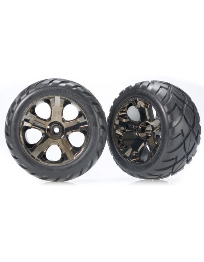 TRAXXAS TRA3776A TIRES & WHEELS, ASSEMBLED, GLUED (ALL-STAR BLACK CHROME WHEELS, ANACONDA TIRES, FOAM INSERTS) (NITRO REAR/ ELECTRIC FRONT) (1 LEFT, 1 RIGHT)