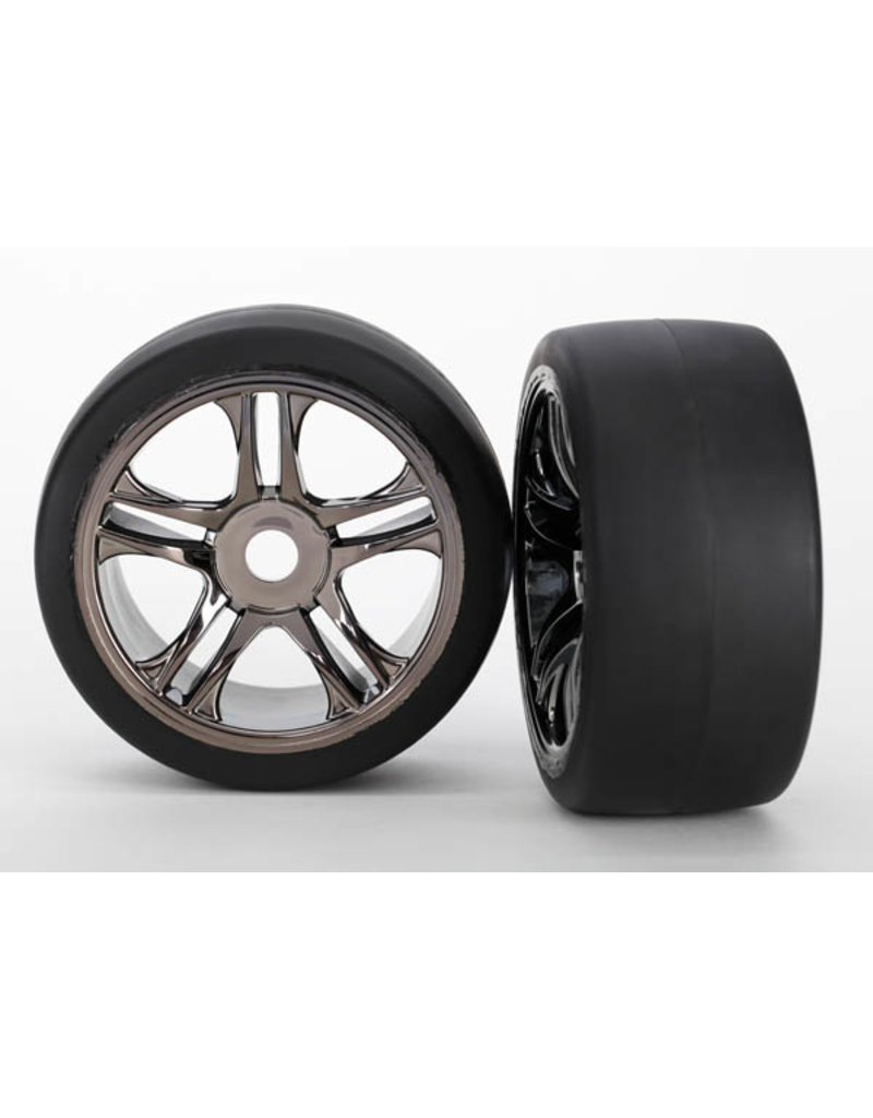 TRAXXAS TRA6477 TIRES & WHEELS, ASSEMBLED, GLUED (SPLIT-SPOKE, BLACK CHROME WHEELS, SLICK TIRES (S1 COMPOUND), FOAM INSERTS) (REAR) (2)