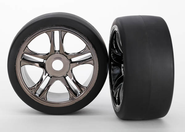 TRA6477 TIRES & WHEELS, ASSEMBLED, GLUED (SPLIT-SPOKE, BLACK CHROME WHEELS, SLICK TIRES (S1 COMPOUND), FOAM INSERTS) (REAR) (2)