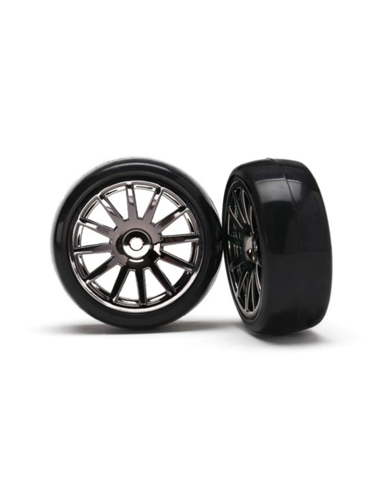 TRAXXAS TRA7573A TIRES & WHEELS, ASSEMBLED, GLUED (12-SPOKE BLACK CHROME WHEELS, SLICK TIRES) (2)