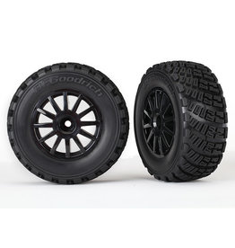 TRAXXAS TRA7473T TIRES & WHEELS, ASSEMBLED, GLUED (BLACK WHEELS, GRAVEL PATTERN TIRES, FOAM INSERTS) (2) (TSM RATED)