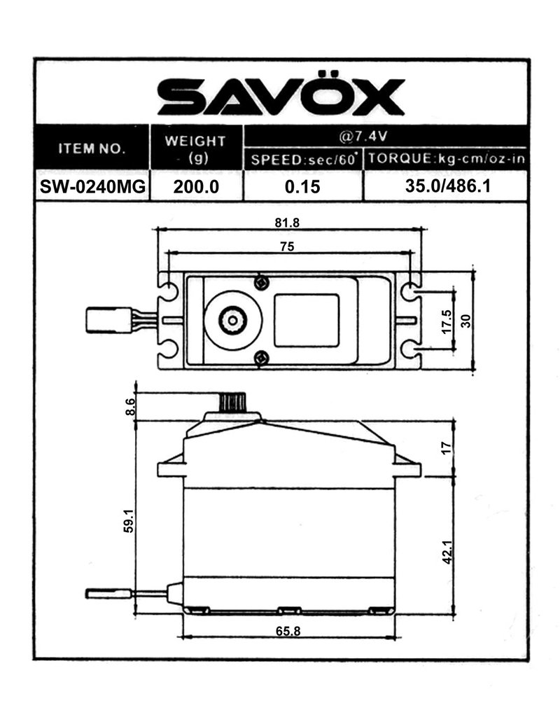 SAVOX SAVSW0240MG WATERPROOF 5TH SCALE DIGITAL SERVO .15/486 HIGH VOLTAGE