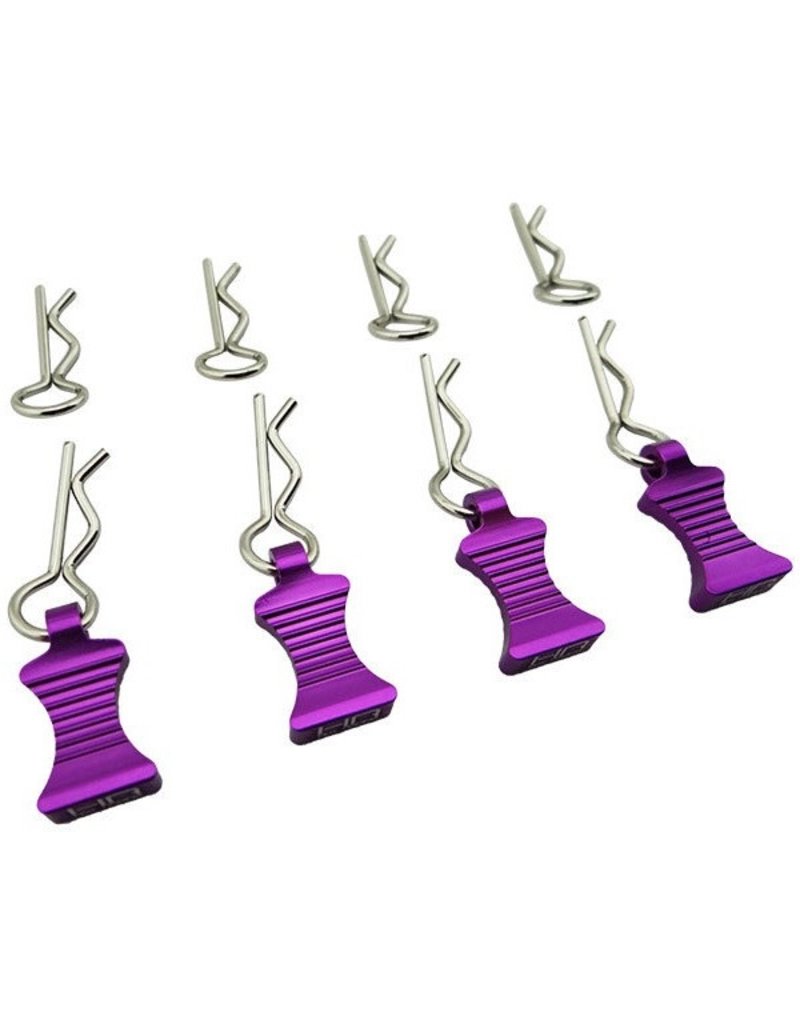 HOT RACING HRAAC03EZ07 1/10 ALUMINUM EZ PULLS W/BODY CLIPS: PURPLE (4)