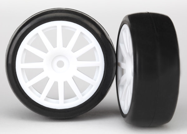 TRA7572 TIRES & WHEELS, ASSEMBLED, GLUED (12-SPOKE WHITE WHEELS, SLICK TIRES) (2)