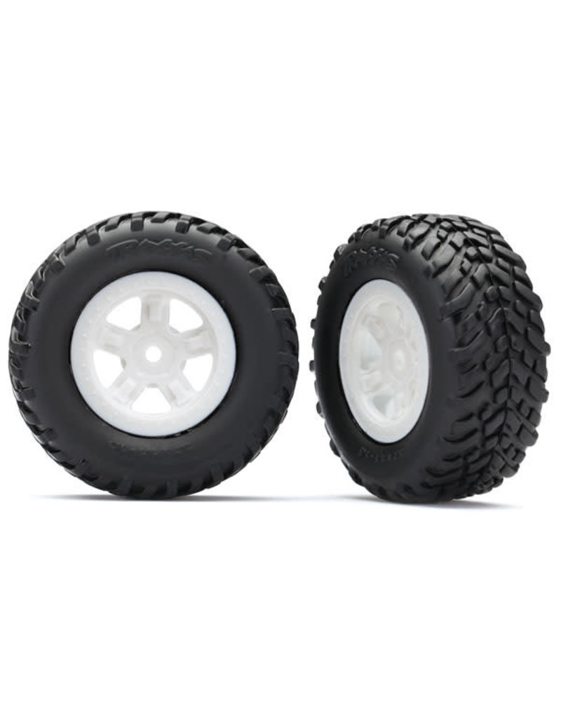 TRAXXAS TRA7674X TIRES AND WHEELS, ASSEMBLED, GLUED (SCT WHITE WHEELS, SCT OFF-ROAD RACING TIRES) (1 EACH, RIGHT & LEFT)