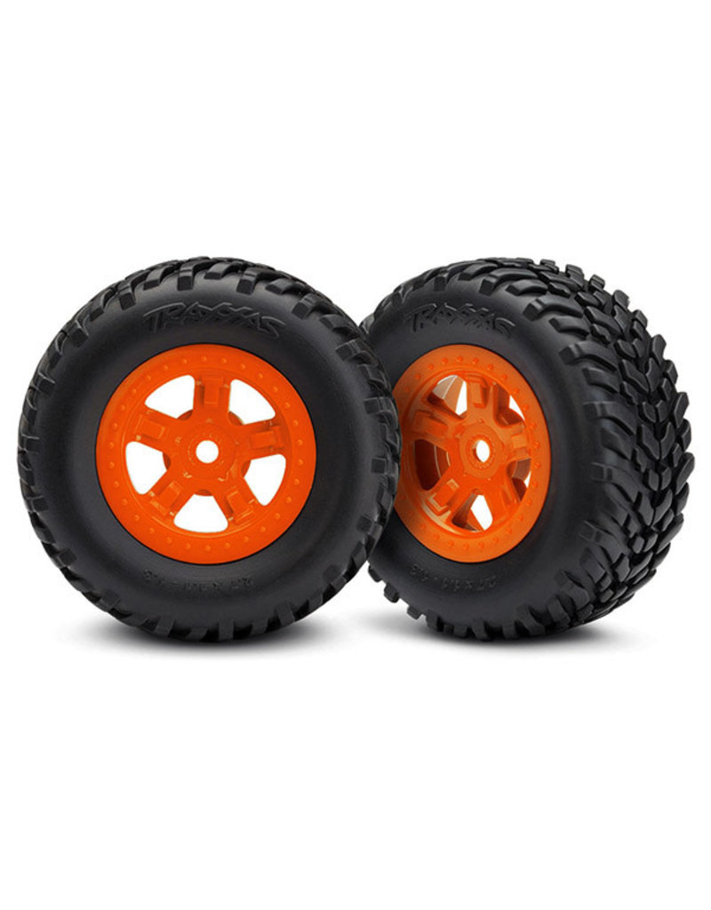 TRAXXAS TRA7674A TIRES AND WHEELS, ASSEMBLED, GLUED (SCT ORANGE WHEELS, SCT OFF-ROAD RACING TIRES)(1 EACH, RIGHT & LEFT)