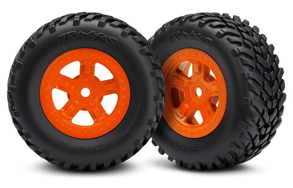 TRA7674A TIRES AND WHEELS, ASSEMBLED, GLUED (SCT ORANGE WHEELS, SCT OFF-ROAD RACING TIRES)(1 EACH, RIGHT & LEFT)
