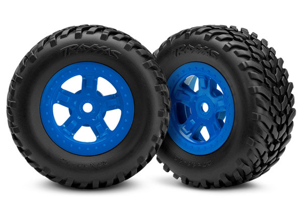 TRA7674 TIRES AND WHEELS, ASSEMBLED, GLUED (SCT BLUE WHEELS, SCT OFF-ROAD RACING TIRES) (1 EACH, RIGHT & LEFT)
