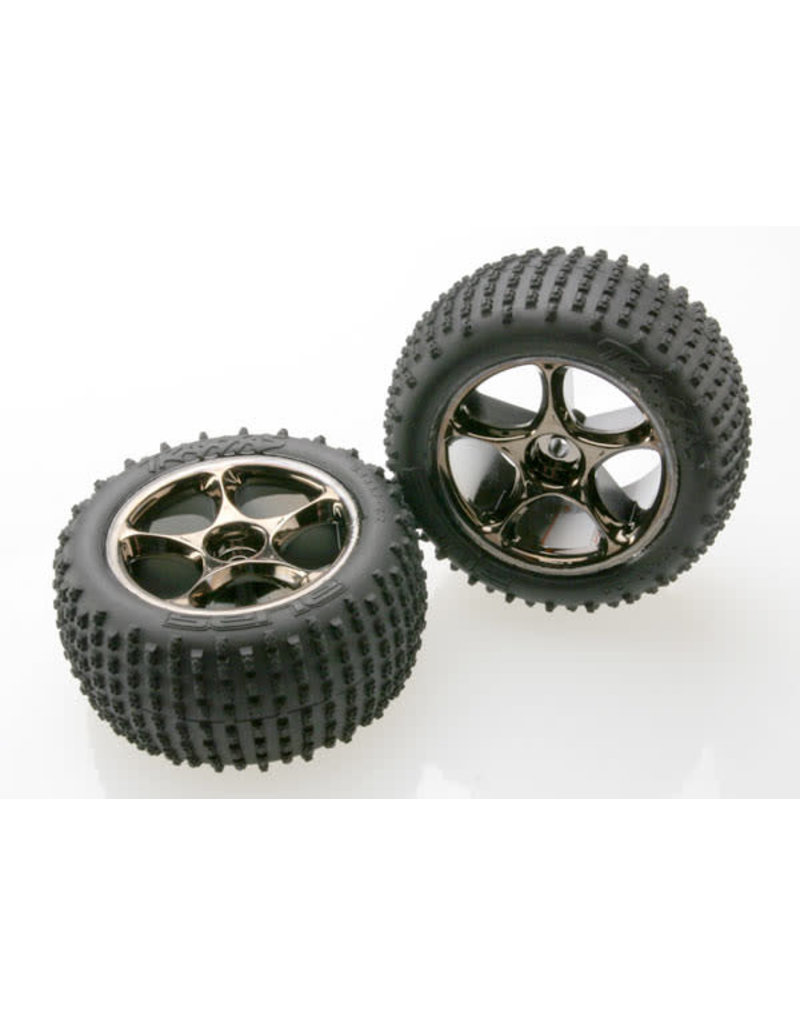 TRAXXAS TRA2470A TIRES & WHEELS, ASSEMBLED (TRACER 2.2' BLACK CHROME WHEELS, ALIAS 2.2' TIRES) (2) (BANDIT REAR, MEDIUM COMPOUND WITH FOAM INSERTS) (TSM RATED)