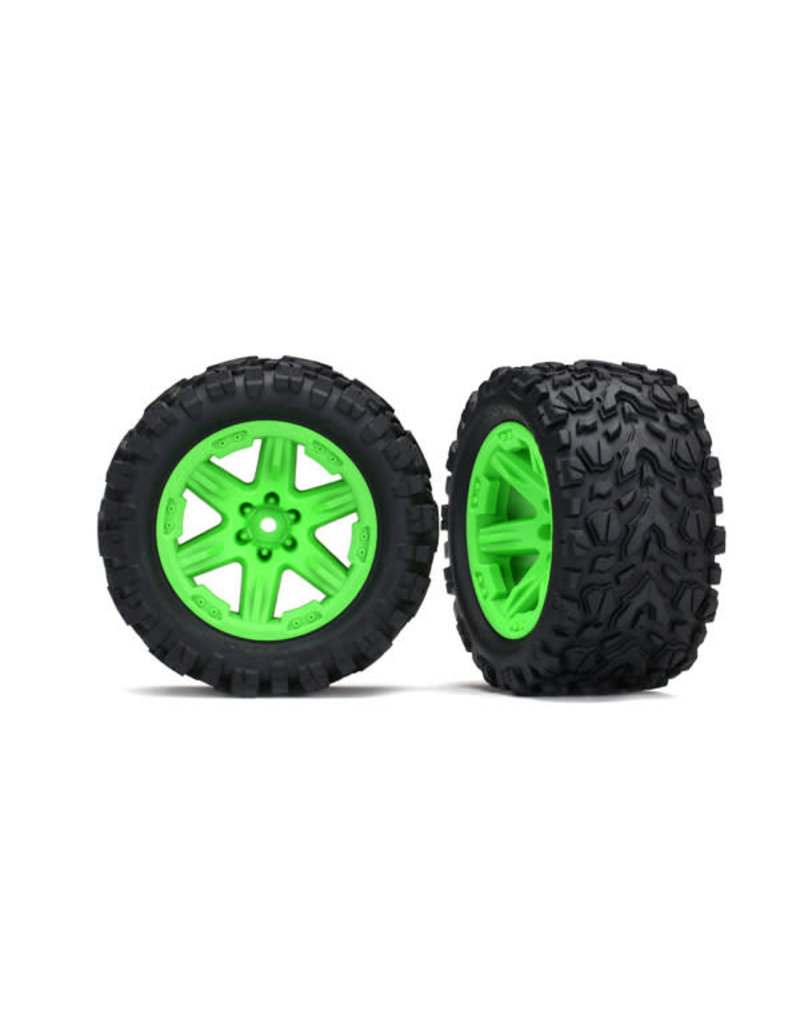 TRAXXAS TRA6773G TIRES & WHEELS, ASSEMBLED, GLUED (2.8') (RXT 4X4 GREEN WHEELS, TALON EXTREME TIRES, FOAM INSERTS) (4WD ELECTRIC FRONT/REAR, 2WD ELECTRIC FRONT ONLY) (2) (TSM RATED)