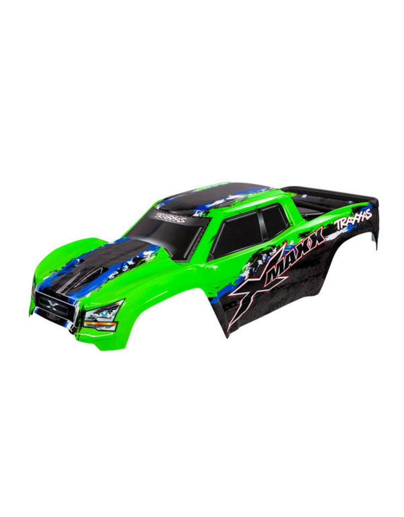 TRAXXAS TRA7811G BODY, X-MAXX , GREEN (PAINTED, DECALS APPLIED) (ASSEMBLED WITH FRONT & REAR BODY MOUNTS, REAR BODY SUPPORT, AND TAILGATE PROTECTOR)