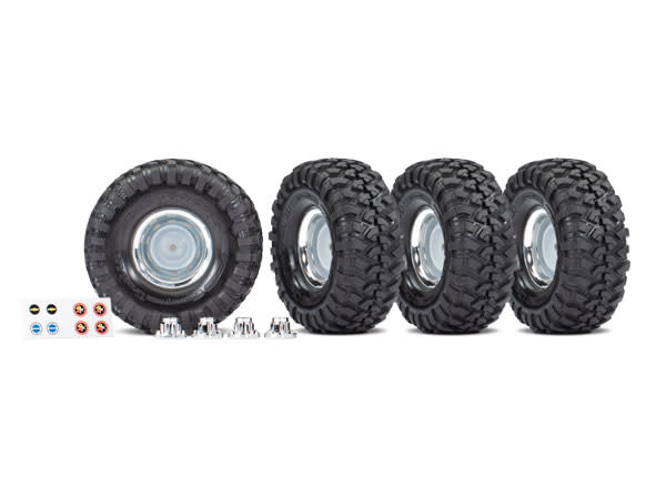 TRA8166X TIRES AND WHEELS, ASSEMBLED, GLUED (1.9' CHROME WHEELS, CANYON TRAIL 4.6X1.9' TIRES) (4)/ CENTER CAPS (4)/ DECAL SHEET (REQUIRES #8255A