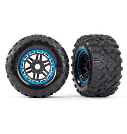 TRAXXAS TRA8972A TIRES & WHEELS, ASSEMBLED, GLUED (BLACK, BLUE BEADLOCK STYLE WHEELS, MAXX MT TIRES, FOAM INSERTS) (2) (17MM SPLINED) (TSM RATED)