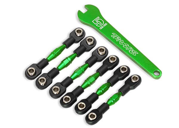 TRA8341G TURNBUCKLES, ALUMINUM (GREEN-ANODIZED), CAMBER LINKS, 32MM (FRONT) (2)/ CAMBER LINKS, 28MM (REAR) (2)/ TOE LINKS, 34MM (2)/ ALUMINUM WRENCH