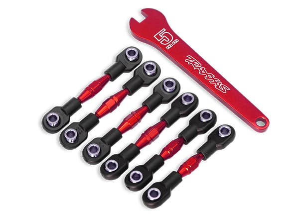 TRA8341R TURNBUCKLES, ALUMINUM (RED-ANODIZED), CAMBER LINKS, 32MM (FRONT) (2)/ CAMBER LINKS, 28MM (REAR) (2)/ TOE LINKS, 34MM (2)/ ALUMINUM WRENCH