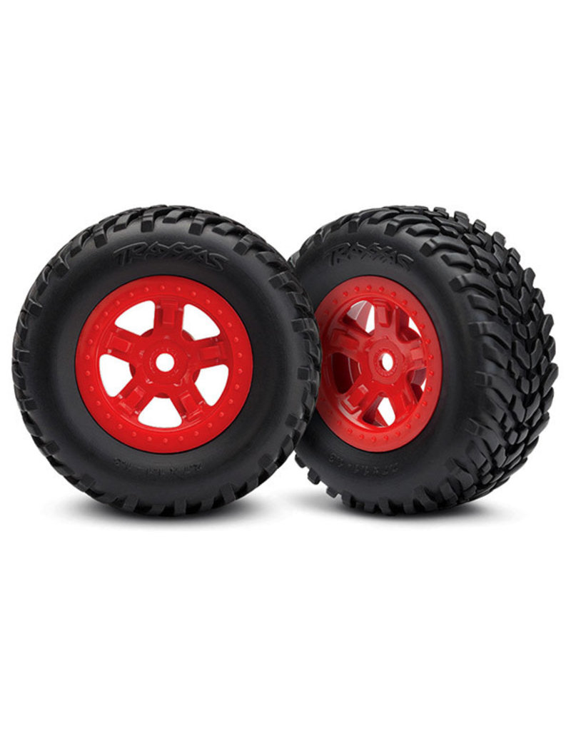 TRAXXAS TRA7674R TIRES AND WHEELS, ASSEMBLED, GLUED (SCT RED WHEELS, SCT OFF-ROAD RACING TIRES) (1 EACH, RIGHT & LEFT)