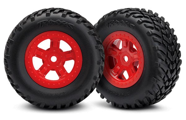 TRA7674R TIRES AND WHEELS, ASSEMBLED, GLUED (SCT RED WHEELS, SCT OFF-ROAD RACING TIRES) (1 EACH, RIGHT & LEFT)