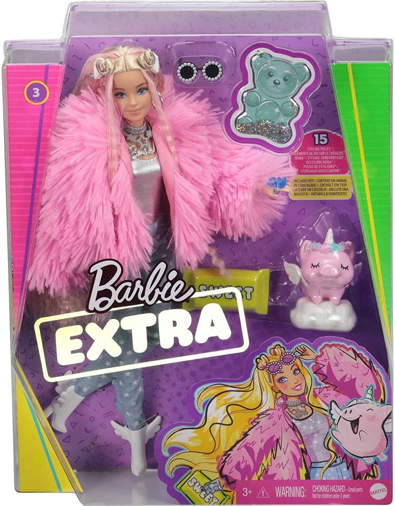 BARBIE MTL GRN27/GRN28 BARBIE EXTRA PINK FULLFY COAT W/ PET UNICORN-PIG