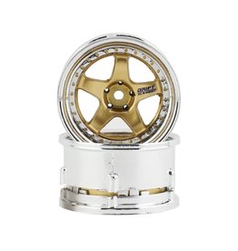 DS RACING DSC-DE-018 ELEMENT DRIFT WHEELS GOLD AND CHROME W/GOLD RIVETS (2)