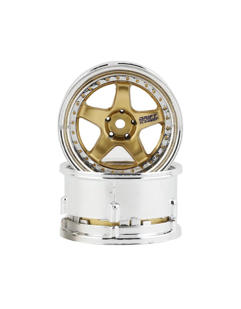 DS RACING DSC-DE-018 ELEMENT DRIFT WHEELS GOLD AND CHROME W/GOLD RIVETS (2)