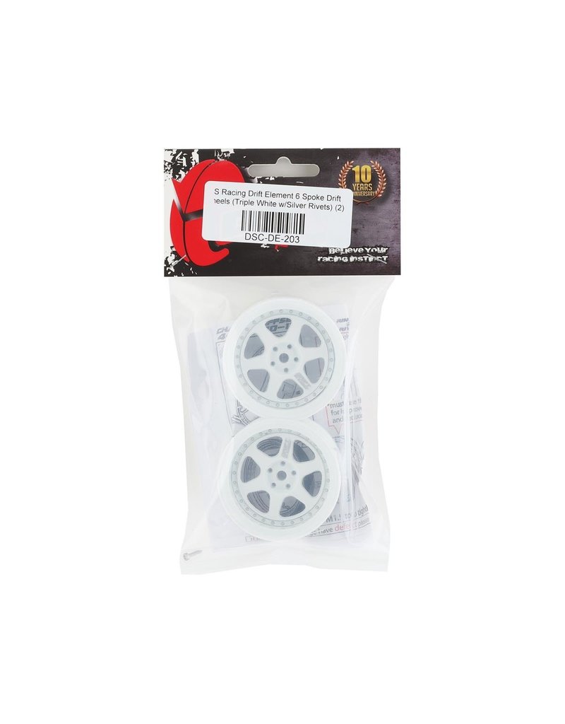 DS RACING DSC-DE-203 ELEMENT DRIFT WHEELS TRIPLE WHITE W/SILVER RIVETS (2)