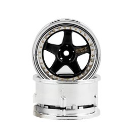 DS RACING DSC-DE-013 ELEMENT DRIFT WHEELS 5 SPOKE BLACK AND CHROME W/GOLD RIVETS