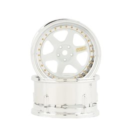DS RACING DSC-DE-211 ELEMENT DRIFT WHEELS WHITE AND CHROME W/GOLD RIVETS (2)