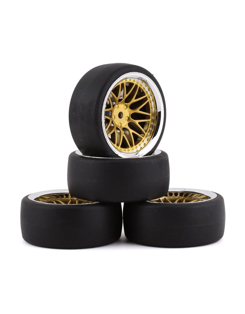 YEAH RACING YEA-WL-0099 SPEC D LS WHEEL OFFSET +6 GOLD W/TIRE 4PC FOR 1/10 DRIFT