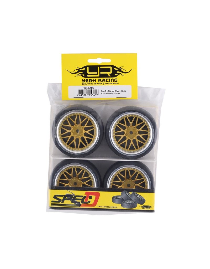 YEAH RACING YEA-WL-0099 SPEC D LS WHEEL OFFSET +6 GOLD W/TIRE 4PC FOR 1/10 DRIFT